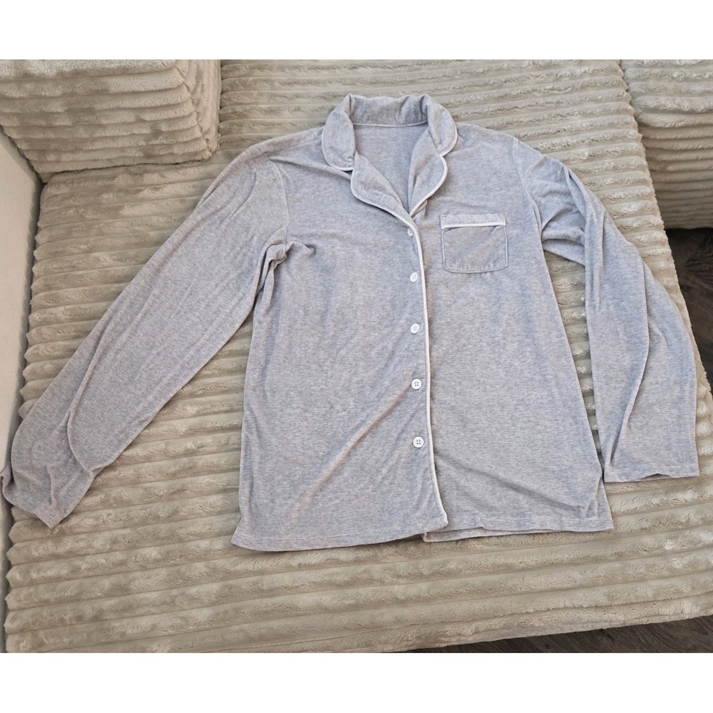 Sonoma Sleep Pajama Top S Small Gray Velvet Soft Long Sleeve Button Front Piping